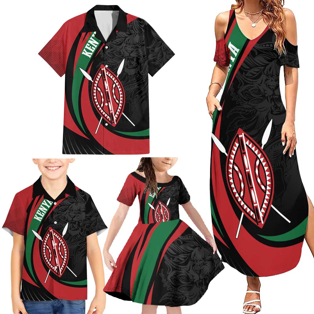 Kenya Mashujaa Day Personalized Family Matching Summer Maxi Dress and Hawaiian Shirt Lion Warrior with Masai Shield - Wonder Print Shop