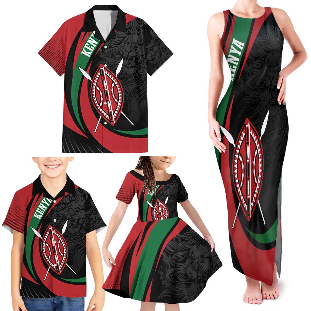 Kenya Mashujaa Day Personalized Family Matching Tank Maxi Dress and Hawaiian Shirt Lion Warrior with Masai Shield - Wonder Print Shop