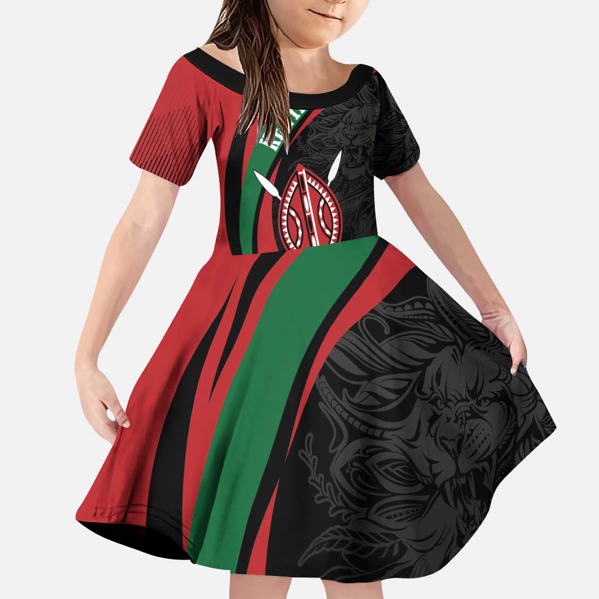 Kenya Mashujaa Day Personalized Kid Short Sleeve Dress Lion Warrior with Masai Shield - Wonder Print Shop