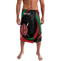 Black lavalava with lion warrior artwork, red/green shield design, and 'Your Text' area