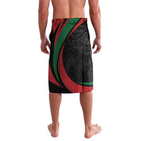 Black lavalava with red and green curved accents and lion warrior artwork panel