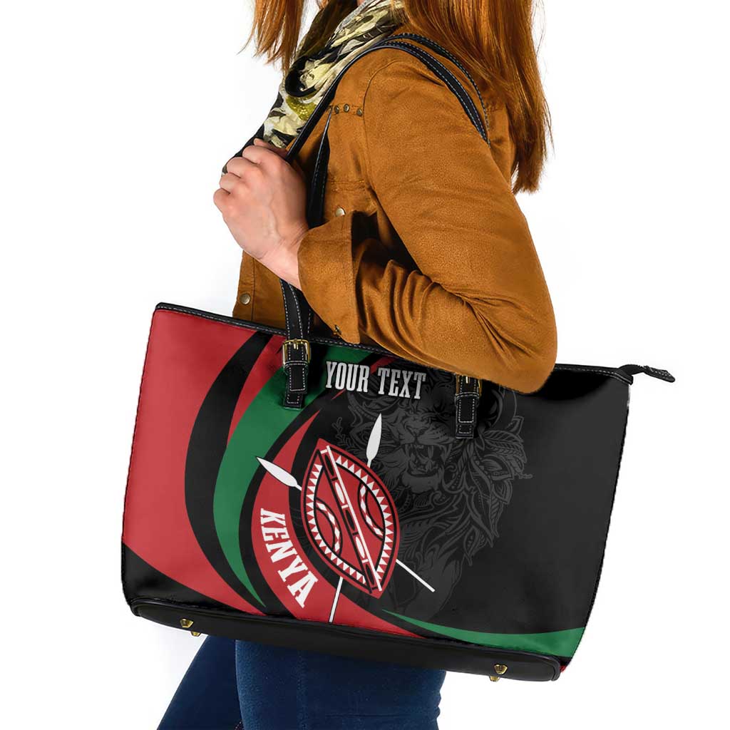 Kenya Mashujaa Day Personalized Leather Tote Bag Lion Warrior with Masai Shield - Wonder Print Shop