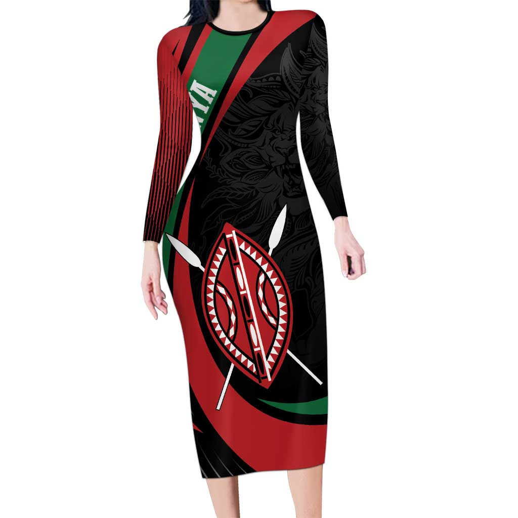 Kenya Mashujaa Day Personalized Long Sleeve Bodycon Dress Lion Warrior with Masai Shield - Wonder Print Shop