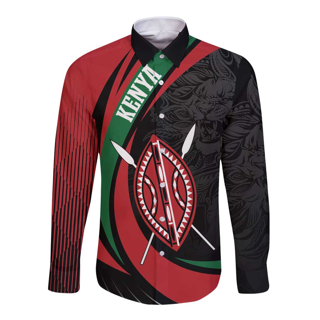 Black long-sleeve button shirt with lion and Masai shield graphic, Kenya text