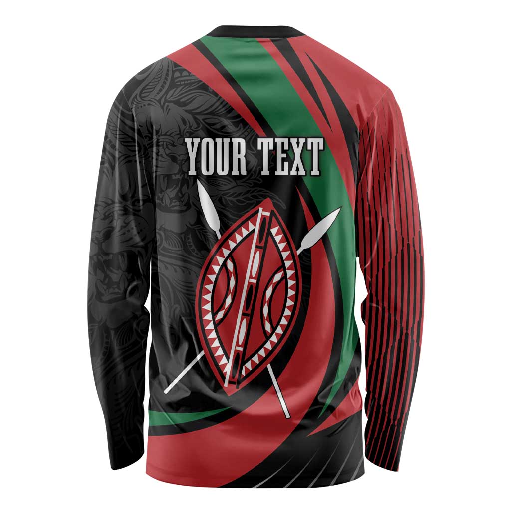 Unisex long-sleeve shirt with 'YOUR TEXT' and Maasai shield lion, black/red/green