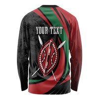 Unisex long-sleeve shirt with 'YOUR TEXT' and Maasai shield lion, black/red/green