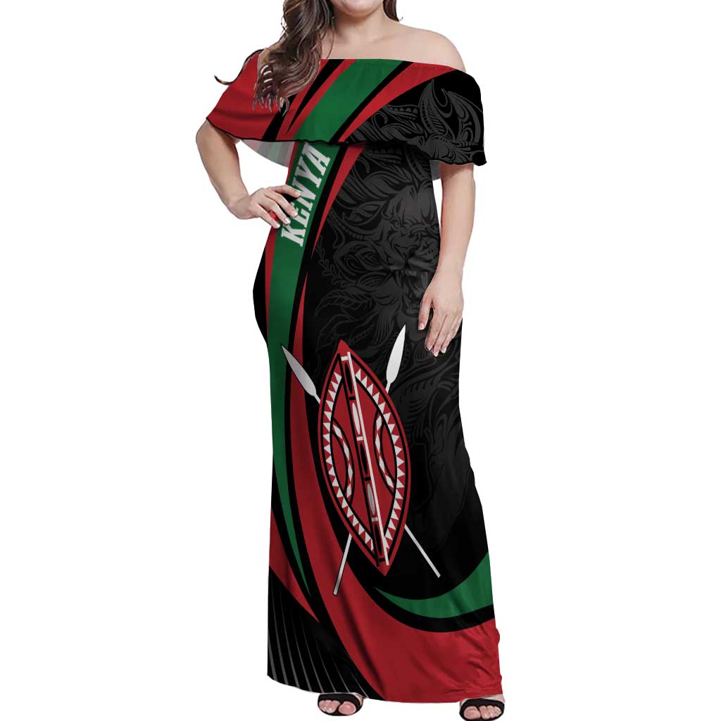 Kenya Mashujaa Day Personalized Off Shoulder Maxi Dress Lion Warrior with Masai Shield - Wonder Print Shop