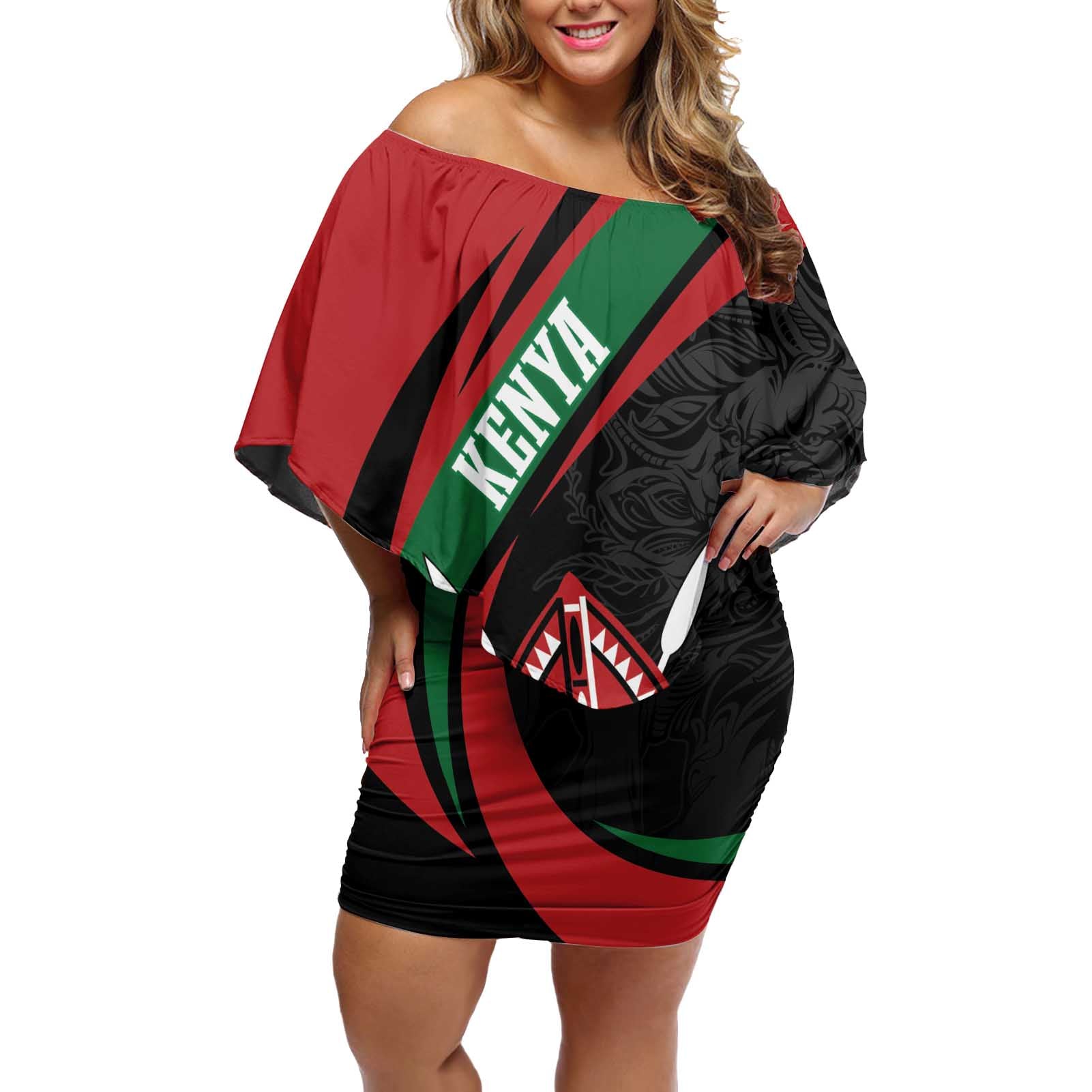 Kenya Mashujaa Day Personalized Off Shoulder Short Dress Lion Warrior with Masai Shield - Wonder Print Shop