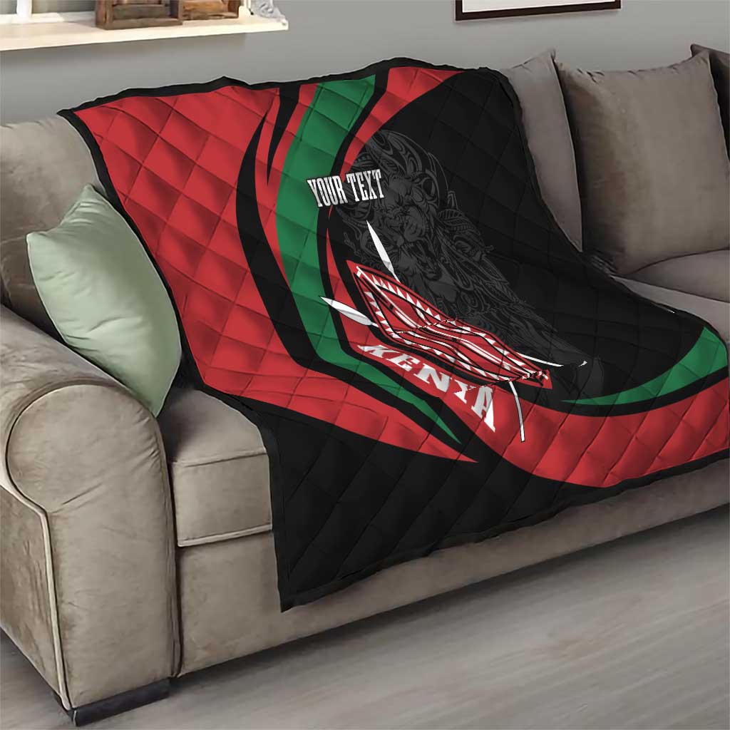 Personalized quilt blanket over sofa, black/red/green graphic with lion shield and text