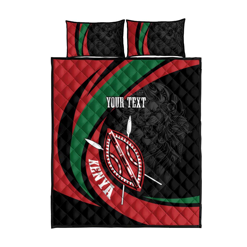 Personalized quilt bed set with black quilt, red and green stripes, lion shield artwork
