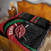 Personalized quilt bed set with black quilt, red/green bands, lion shield design