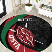 Personalized round black carpet with green and red warrior shield lion emblem, YOUR TEXT