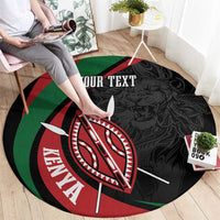 Round black carpet with green/red circular design, sword, lion warrior emblem, YOUR TEXT