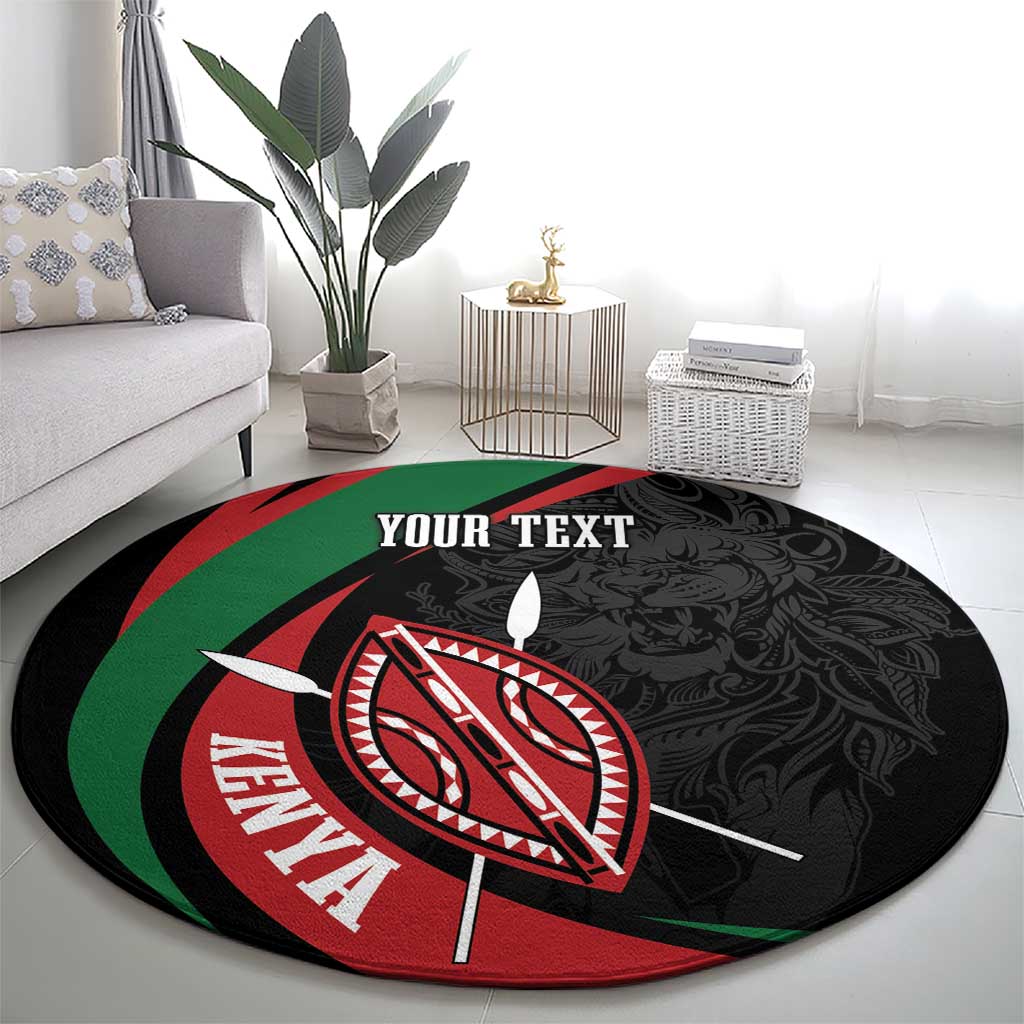 Round black carpet with lion warrior shield, sword, ornate pattern, YOUR TEXT