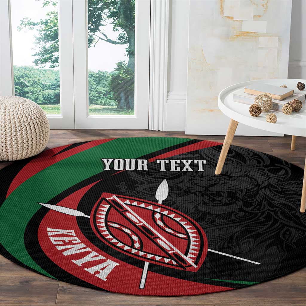 Round black carpet with centered lion shield, sword, YOUR TEXT, green red border
