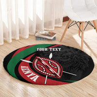 Round black carpet with lion shield graphic and YOUR TEXT on dark ornate background