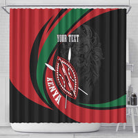 Shower curtain with red, black, green graphic, lion shield and "YOUR TEXT"