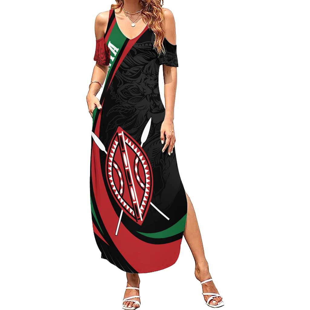 Kenya Mashujaa Day Personalized Summer Maxi Dress Lion Warrior with Masai Shield - Wonder Print Shop