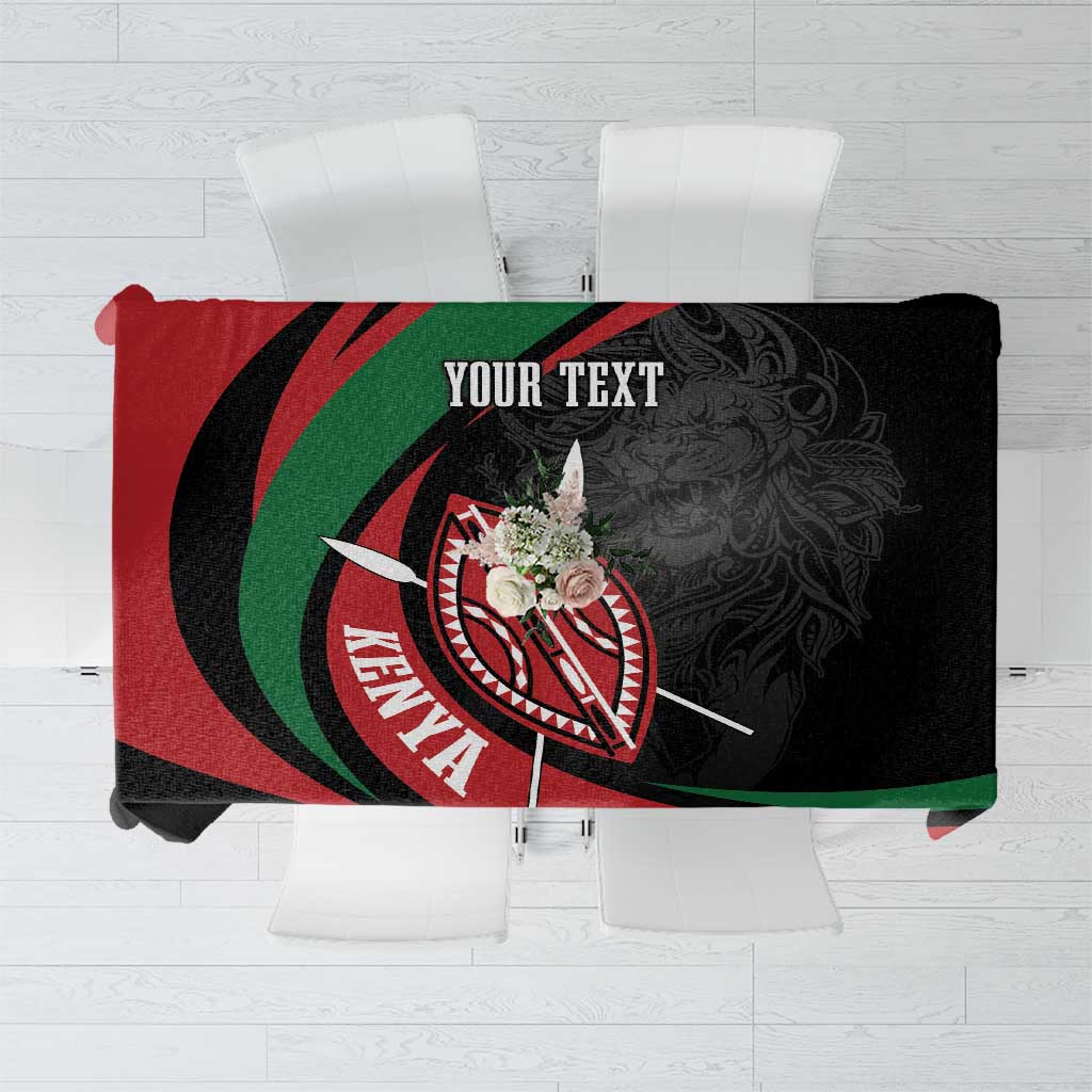 Personalized tablecloth with black, red, and green warrior shield graphic and “YOUR TEXT” area