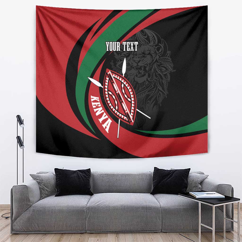 Personalized Kenya tapestry with lion warrior, shield emblem, and “YOUR TEXT” placeholder.