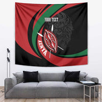 Personalized Kenya tapestry with lion warrior, shield emblem, and “YOUR TEXT” placeholder.