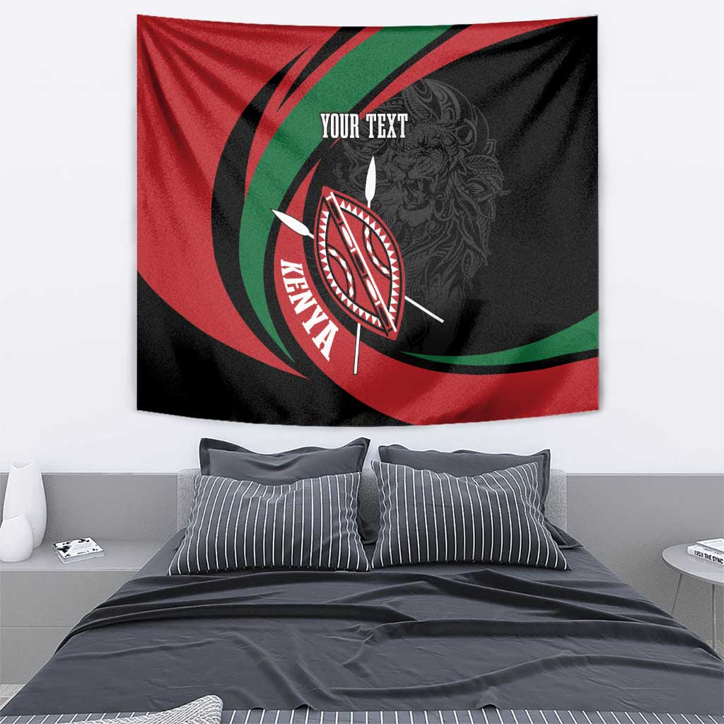 Kenya tapestry with red, black, and green flag design, lion warrior shield, and “YOUR TEXT”.
