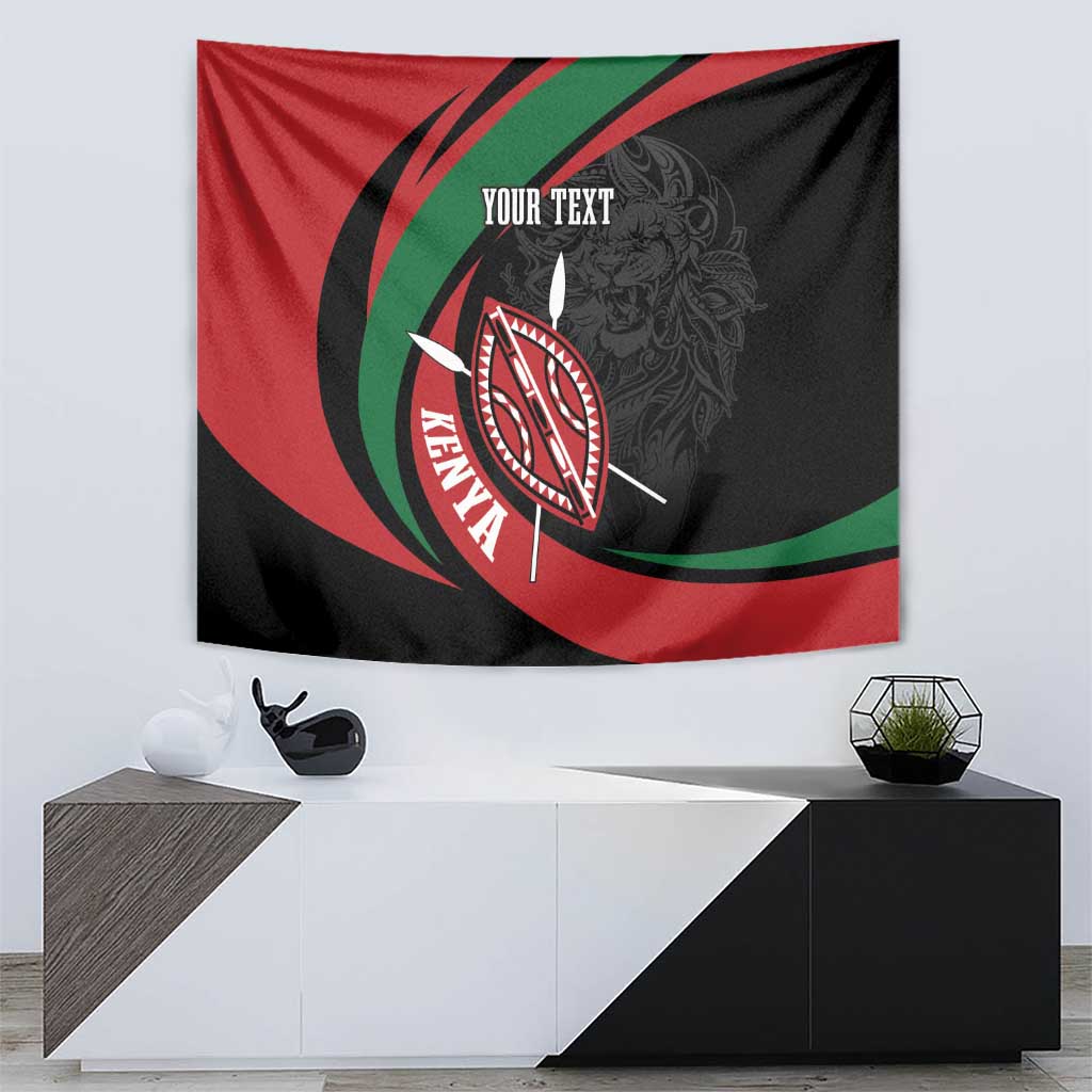 Personalized Kenya tapestry showing lion warrior shield emblem with “YOUR TEXT” text area.
