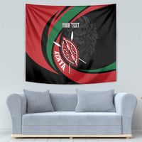 Kenya tapestry with lion warrior face, shield motif, red black green flag, and “YOUR TEXT”.