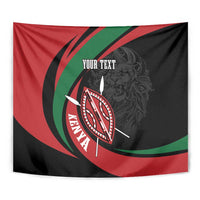 Kenya wall tapestry featuring lion warrior shield design with “YOUR TEXT” at the top.
