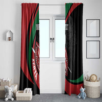 Black and red window curtain panels with lion warrior and Maasai shield graphic