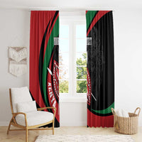 Black and red window curtain panels with lion warrior shield artwork and custom text