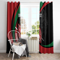 Black and red curtain panels with Maasai shield emblem and lion warrior pattern