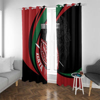 Black and red curtain panels with Maasai shield and lion warrior graphic, hanging on rod