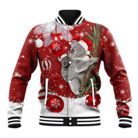 Unisex red Christmas baseball jacket with koala graphic, Santa hat, striped rib trim