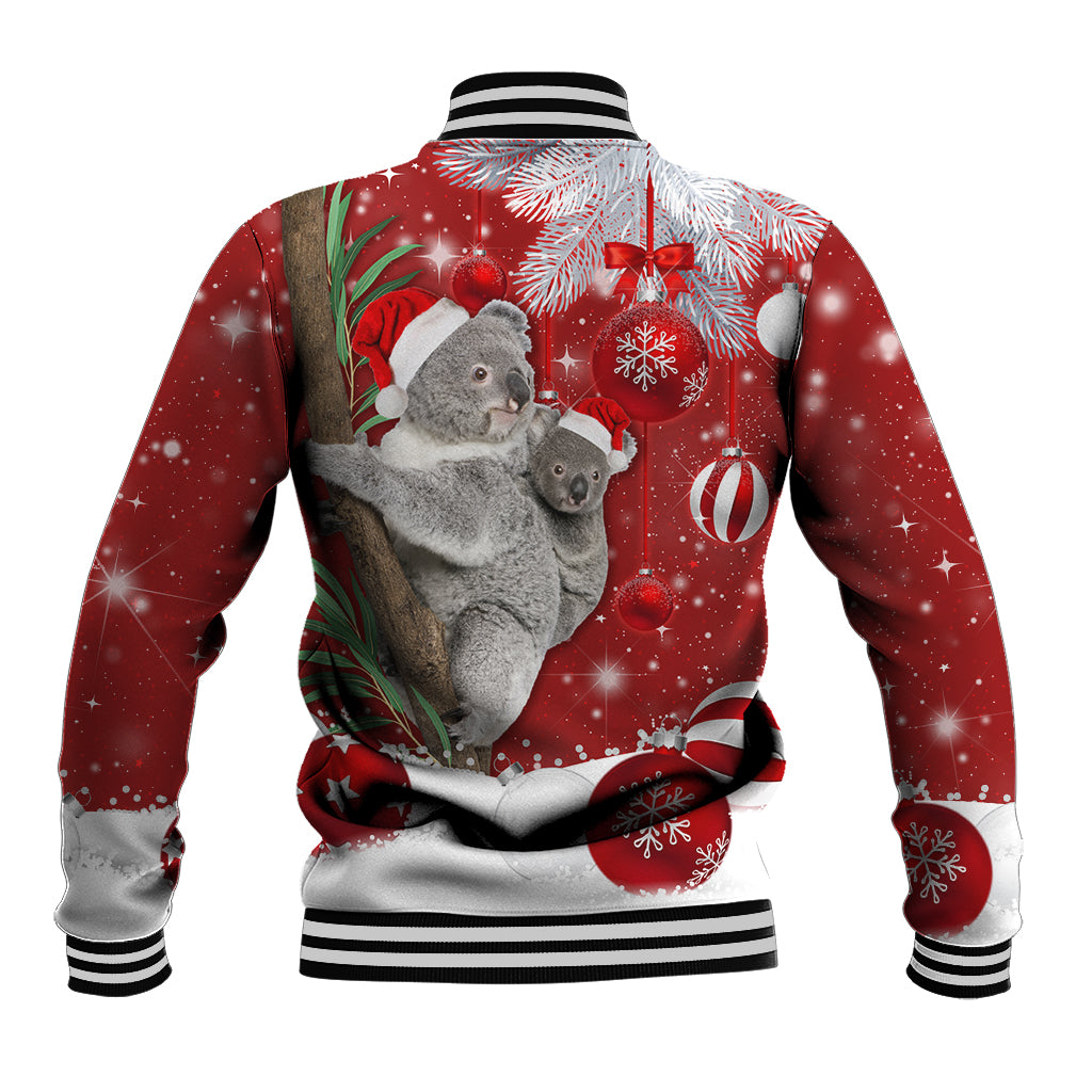 Unisex red Christmas baseball jacket, koala carrying sack graphic, striped ribbed hem