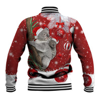 Unisex red Christmas baseball jacket, koala carrying sack graphic, striped ribbed hem