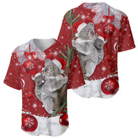 Red holiday baseball jersey front and back views with koalas and Santa hats