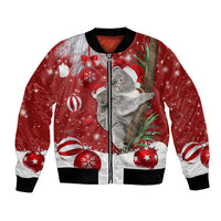 Red unisex bomber jacket with front zip, koala and festive Santa graphics
