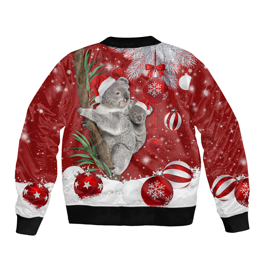 Red bomber jacket back view with koala among holiday baubles and wreaths