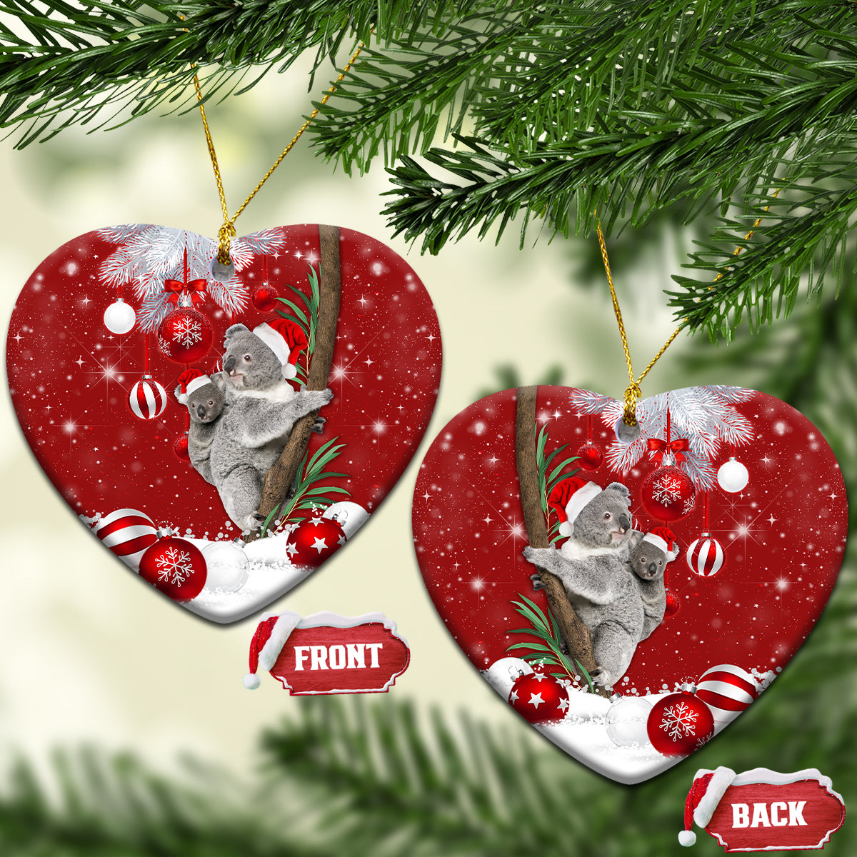 Red ceramic heart-shaped koala Santa Christmas ornament with gold hanging loop
