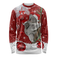 Red long-sleeve shirt with koala and Santa hat Christmas graphic, crew neck