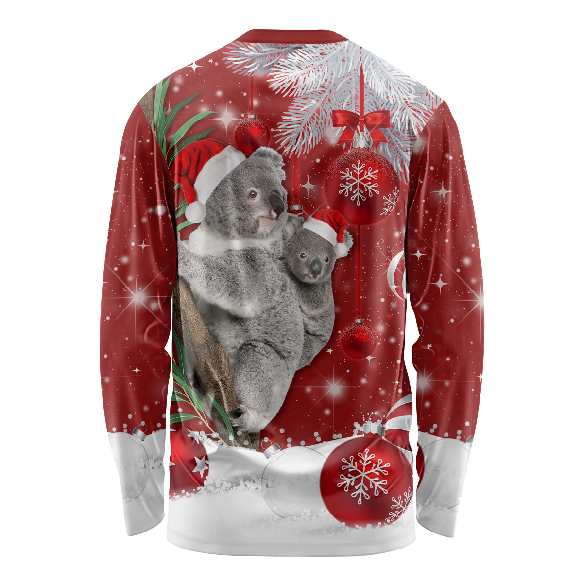 Red long-sleeve shirt with koala holding Santa hat Christmas graphic, crew neck