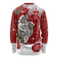 Red long-sleeve shirt with koala holding Santa hat Christmas graphic, crew neck