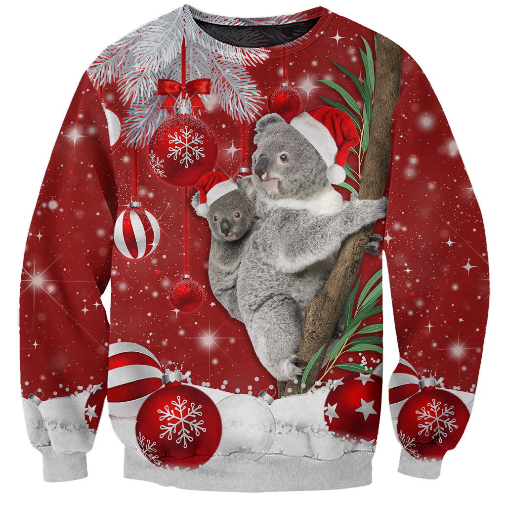 Red Christmas sweatshirt with koala and Santa graphic, festive ornaments and snowflakes