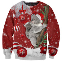 Red Christmas sweatshirt with koala and Santa graphic, festive ornaments and snowflakes