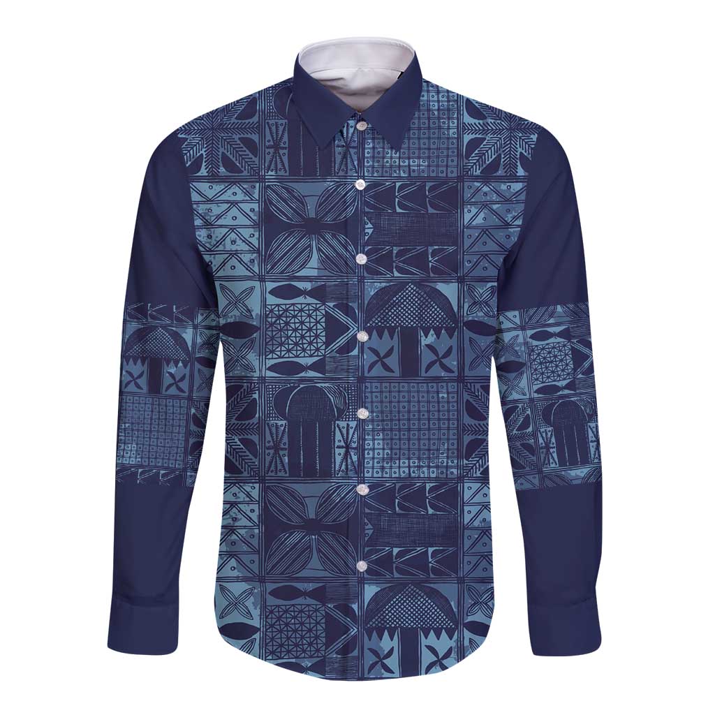 Yoruba Adire Eleko Patterns Long Sleeve Button Shirt Indigo Vintage