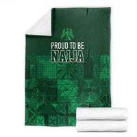 Dark green adire-pattern blanket with 'Proud to be Naija' headline and geometric print