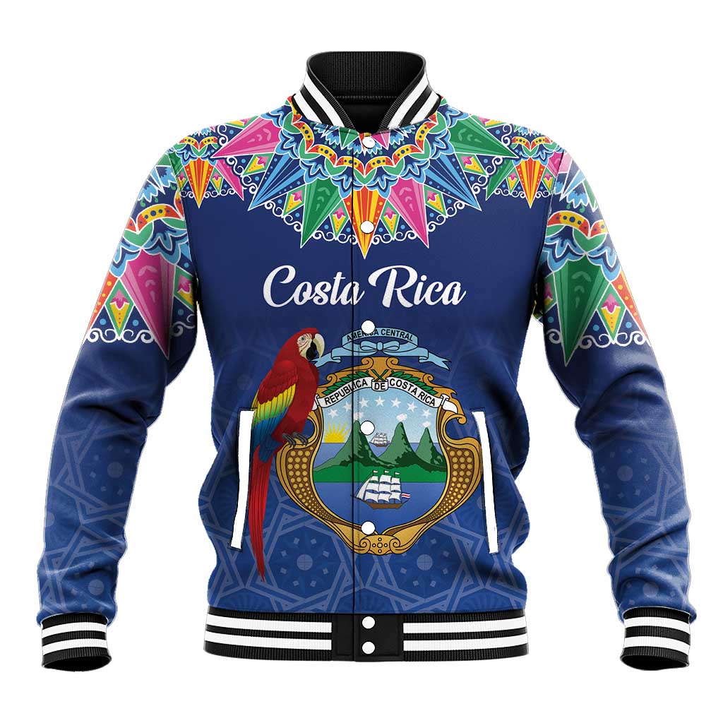 Blue baseball jacket with ribbed collar, striped cuffs, and Costa Rica crest artwork