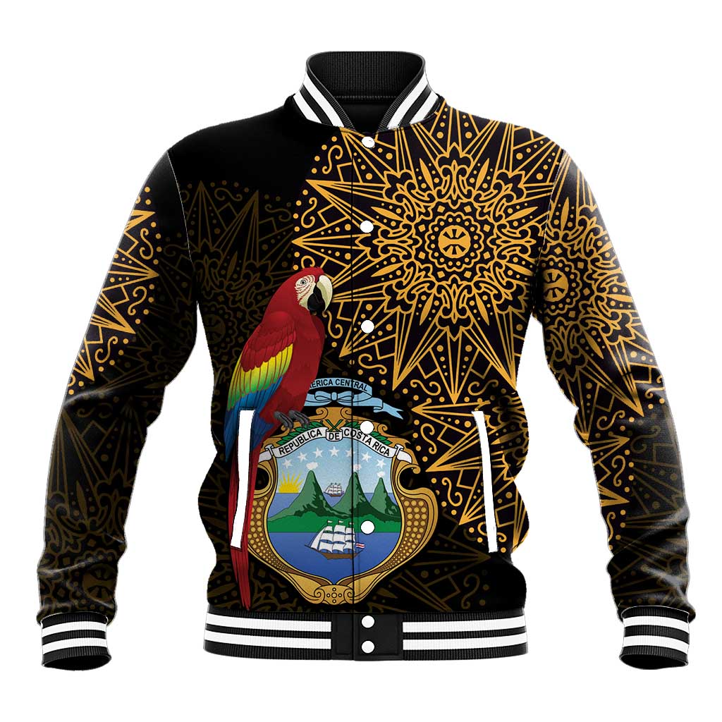 Black baseball jacket with gold ornate pattern, front graphic parrot and crest