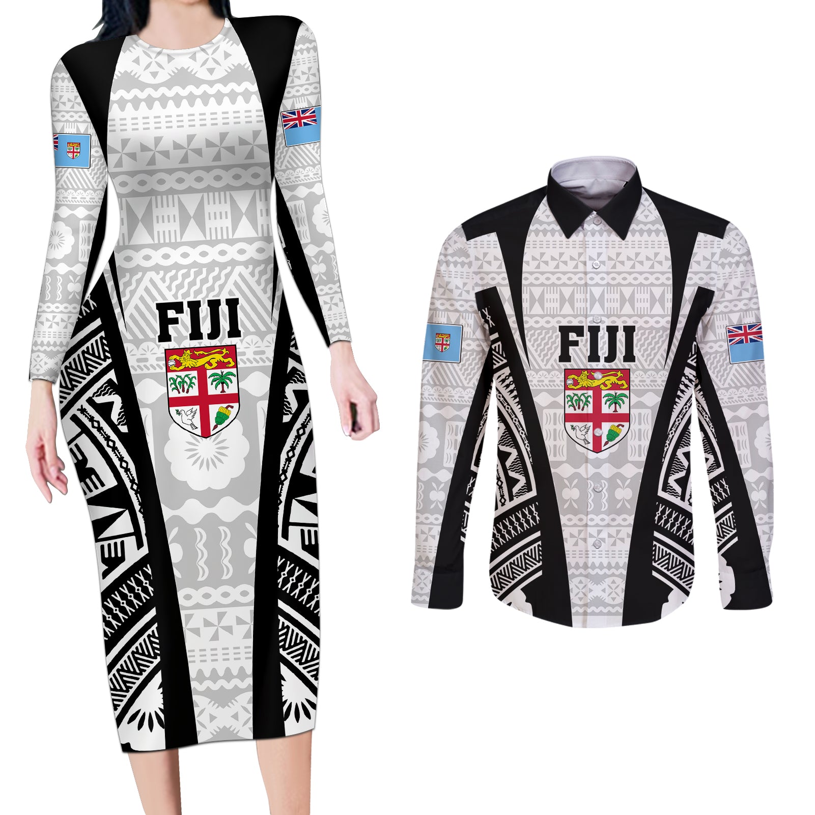 Personalised Fiji Rugby Couples Matching Long Sleeve Bodycon Dress and Long Sleeve Button Shirts 2023 World Cup History Makers - White Ver LT7 - Wonder Print Shop